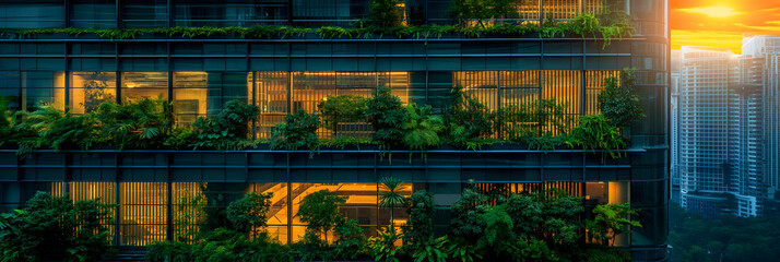 Urban Greenery and Modern Glass Building at Sunset
