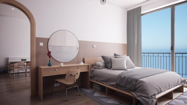 Modern hotel bedroom interior with sea view and balcony, large pillows, work desk and mirror on the wall, picture frame on the wall.