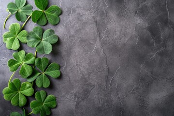 A cluster of green leaves with four pointed tips are arranged in a row on a grey background. The leaves are arranged in a way that they form a heart shape, which is a symbol of love and affection - obrazy, fototapety, plakaty