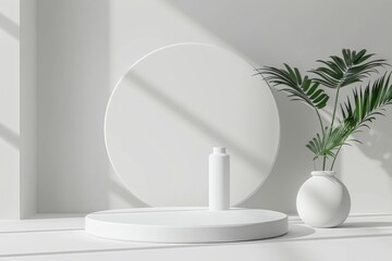 Front view of a white round podium on a white background for presenting cosmetic products mockup scene for displaying advertising and selling various goods and gi