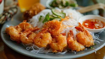 Vietnamese dish Cho tom, deep fried shrimp with rice noodles and sauce.