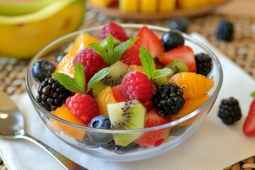 Fruit salad in a bowl on placemat