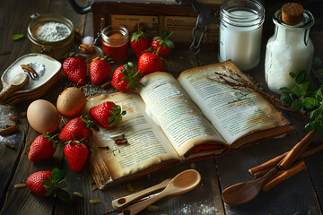 Naklejka na ściany i meble Traditional Recipe Book and Fresh Ingredients on Vintage Wooden Table in Warm Sunlight