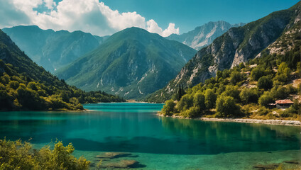 Lake Koman Albania popular - obrazy, fototapety, plakaty