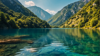 Lake Koman Albania scene - obrazy, fototapety, plakaty