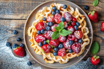 Funnel cake with berries and mint leaves on wooden plate from top view