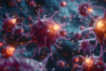Contrast between T cells and cancer cells in the immune system. Concept T cells, Cancer Cells, Immune Response, Cell Recognition, Defense Mechanisms