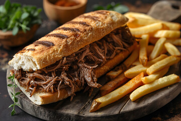 Delicious Grilled Sandwich with Pulled Pork and Golden French Fries