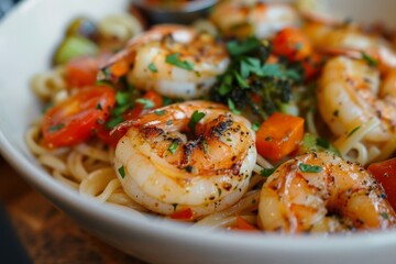 Garlic shrimp with pasta and veggies in a bowl