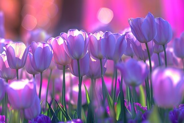 A field of purple flowers with a pink background. The flowers are in full bloom and are arranged in a neat row. The scene is peaceful and serene - Powered by Adobe