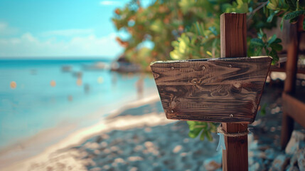 A wooden sign is on a beach near the water. The sign is on a post and is surrounded by sand. The...