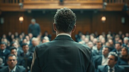 A man stands in front of a crowd of people, giving a speech. The audience is attentive and engaged, listening to the man's words. Concept of importance and authority, as the man is the speaker