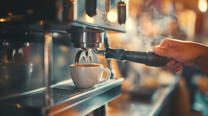 Fresh Espresso Pouring into a Cup from a Professional Coffee Machine - obrazy, fototapety, plakaty