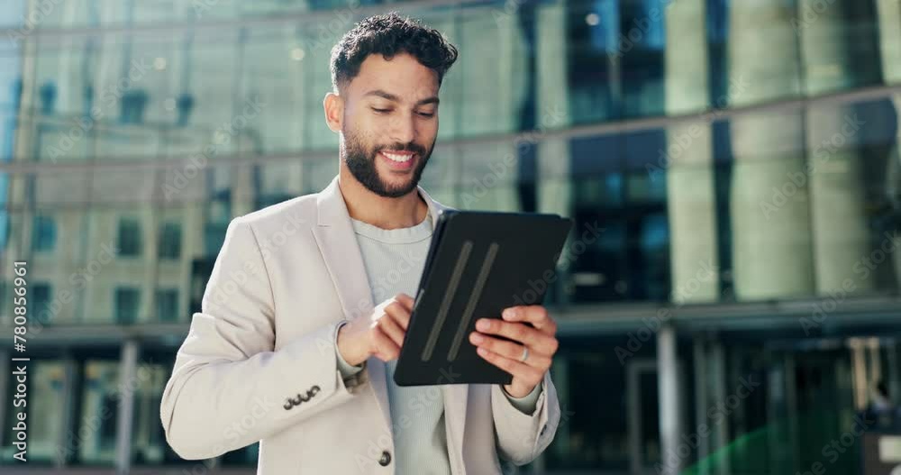 Poster happy, businessman and browsing with tablet for research, social media or networking outside corpora