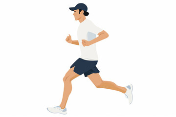 A man is running with a hat on. He is wearing a white shirt and blue shorts