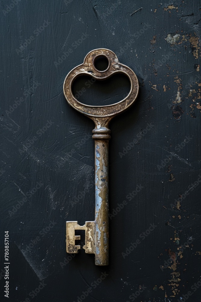 Poster an old rusty key on a black background. suitable for concepts of mystery and vintage