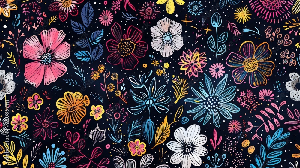 Poster Bright and vibrant flowers and butterflies on a striking black backdrop. Perfect for adding a pop of color to any design project