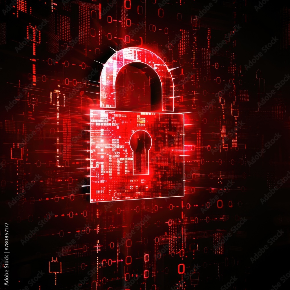 Poster a red lock on a digital background, suitable for cybersecurity concepts