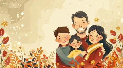 watercolor illustration, vintage style, International Day of Families, happy family on a light background among flowers, copy space, free place for text