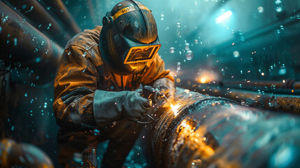 Detailed view of an underwater welder repairing a pipeline, surrounded by bubbles and underwater