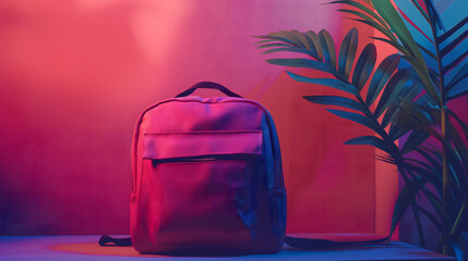 Colorful Backpacks and Satchel Against Artistic Backdrop - obrazy, fototapety, plakaty