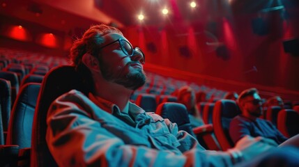 A man sitting in a theater watching a movie. Suitable for entertainment industry promotions - obrazy, fototapety, plakaty