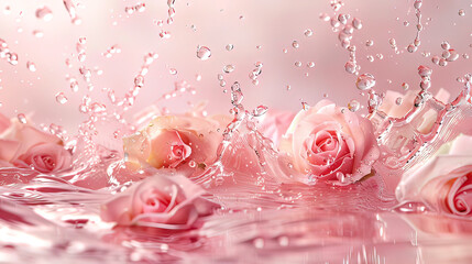 A blooming delicate rose flower emerges from rose water.