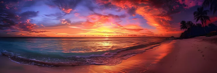 Fotobehang Breathtaking Sunset Over Tranquil Beach: A Symphony of Colors Painting the Sky © Essie