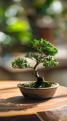 Serene Bonsai Tree in Sunlit Room Capturing Tranquility