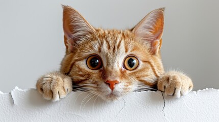 Curious ginger cat peeking through white wall - obrazy, fototapety, plakaty