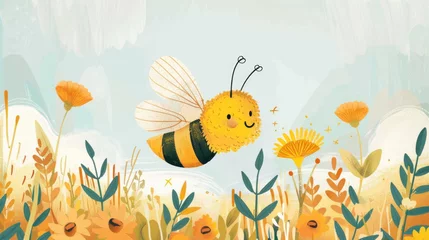 Fotobehang watercolor illustration, vintage style, World Bee Day, honey bee among yellow flowers on a blue background, children's drawing, illustration for a book © Svetlana Leuto