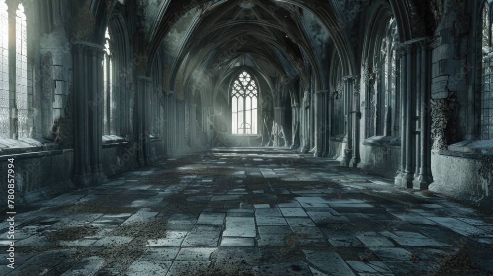 Poster an empty cathedral with a stone floor. ideal for religious or historical projects