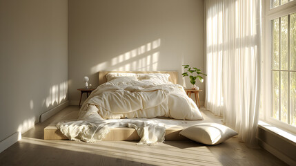 Serene Bedroom with Morning Sunlight Casting Shadows Through Window