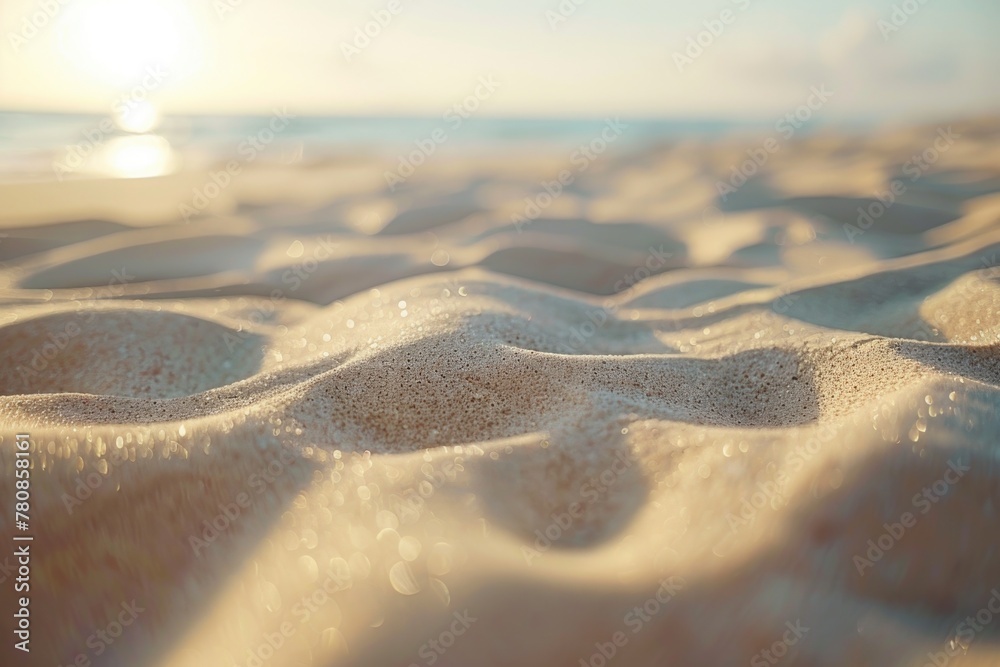 Poster close up of sand on a beach with the sun in the background. perfect for travel and nature concepts