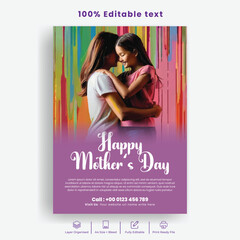 Editable happy mothers day print flyer or poster template, mother with her little child Illustration, mothers love flower background leaflet brochure cover design