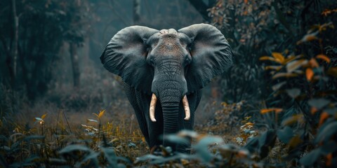 Majestic elephant standing in a forest. Suitable for nature and wildlife themes
