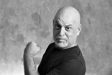 portrait adult man bald white beard face scared expression thoughtful male model gentleman in black...