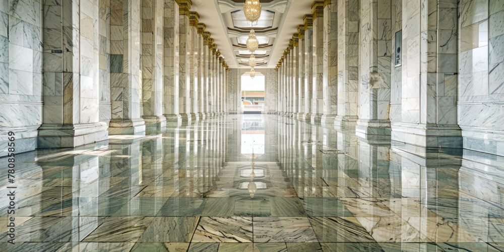 Aufkleber A long hallway with columns and a clock on the wall. Suitable for interior design concepts