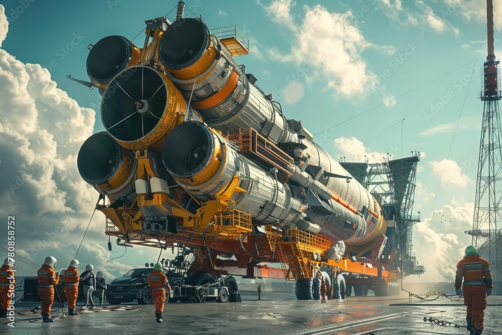 Poster Group of people standing around a large space rocket. Suitable for technology and exploration concepts