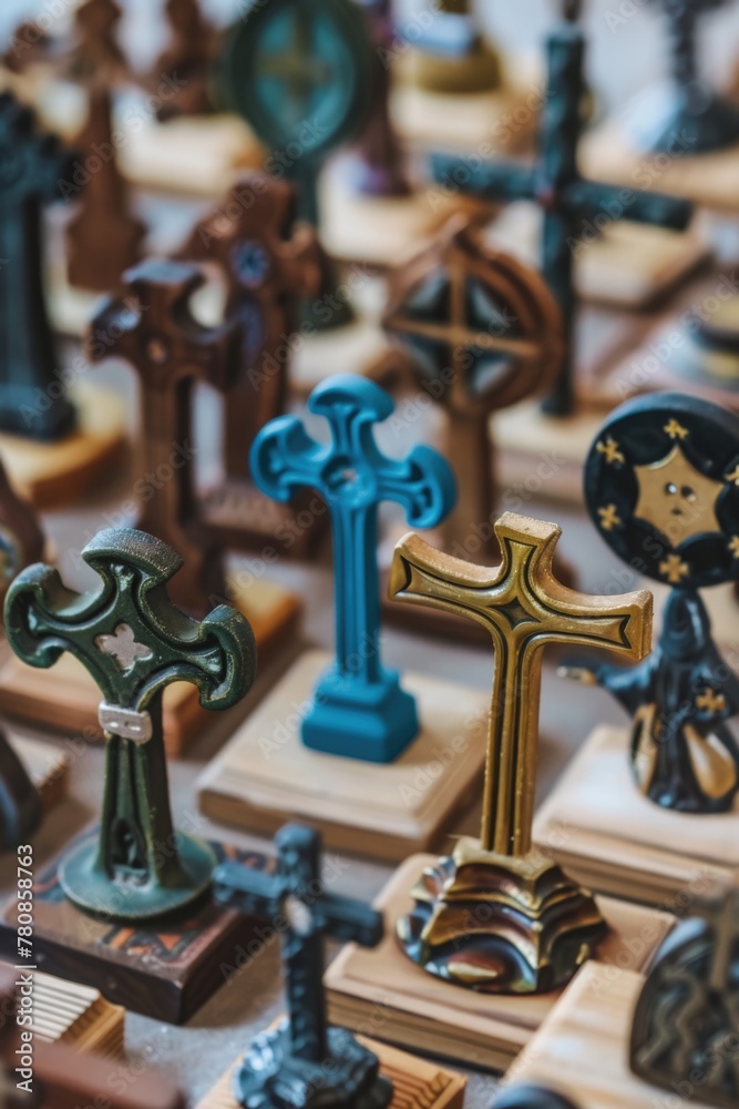 Poster A collection of crosses displayed on a table. Suitable for religious themes or interior design concepts