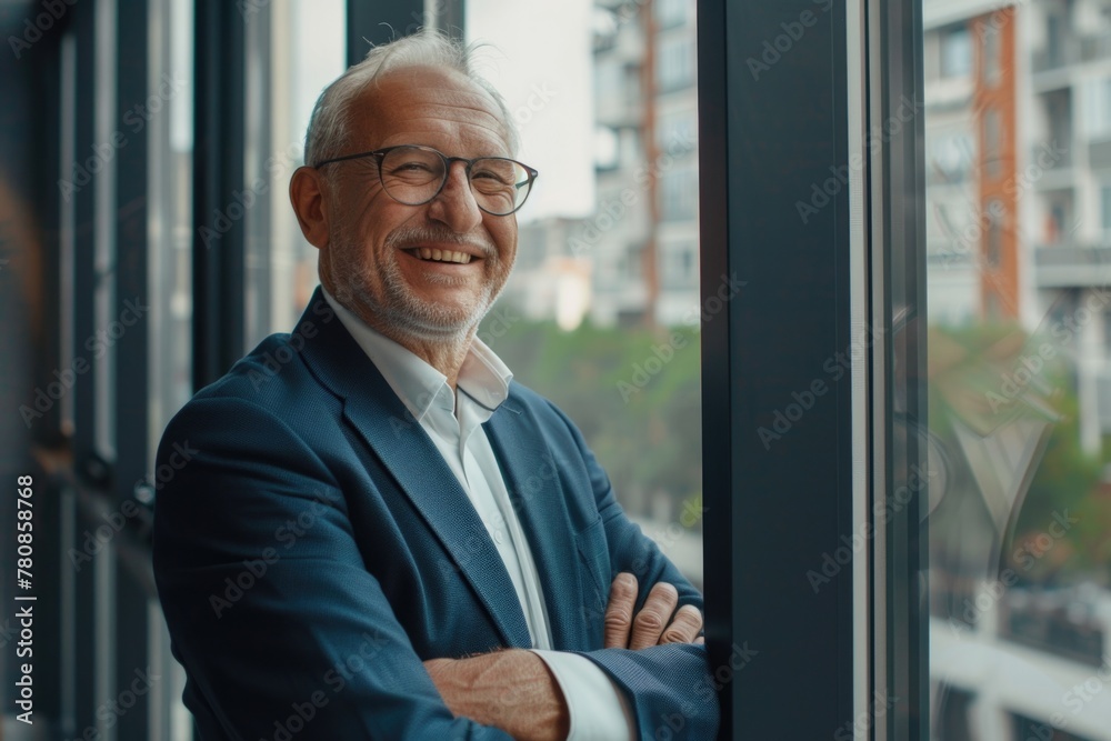 Poster a man in a suit and glasses standing by a window. suitable for business and office concepts