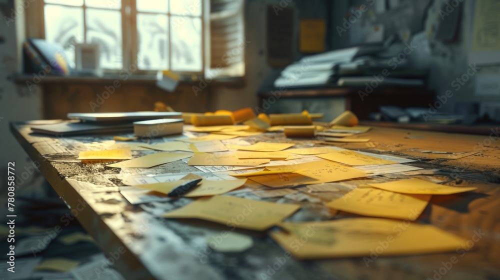 Poster a cluttered wooden table covered in yellow post-it notes. perfect for office organization concepts
