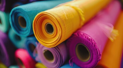 Close up of vibrant rolls of fabric, perfect for textile industry projects