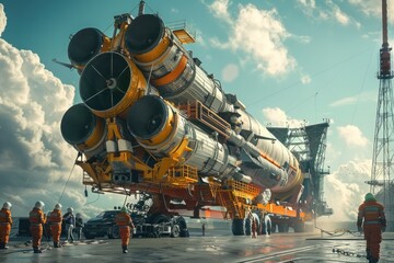 Group of people standing around a large space rocket. Suitable for technology and exploration concepts - obrazy, fototapety, plakaty