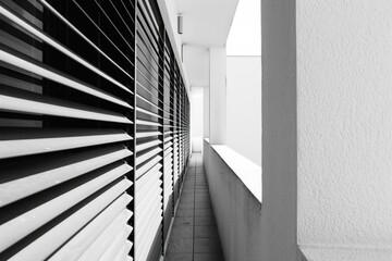 A black and white photo of a long hallway, suitable for architectural and interior design projects