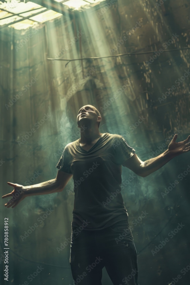 Aufkleber A man standing with his arms open in a dark room. Suitable for various concepts and themes