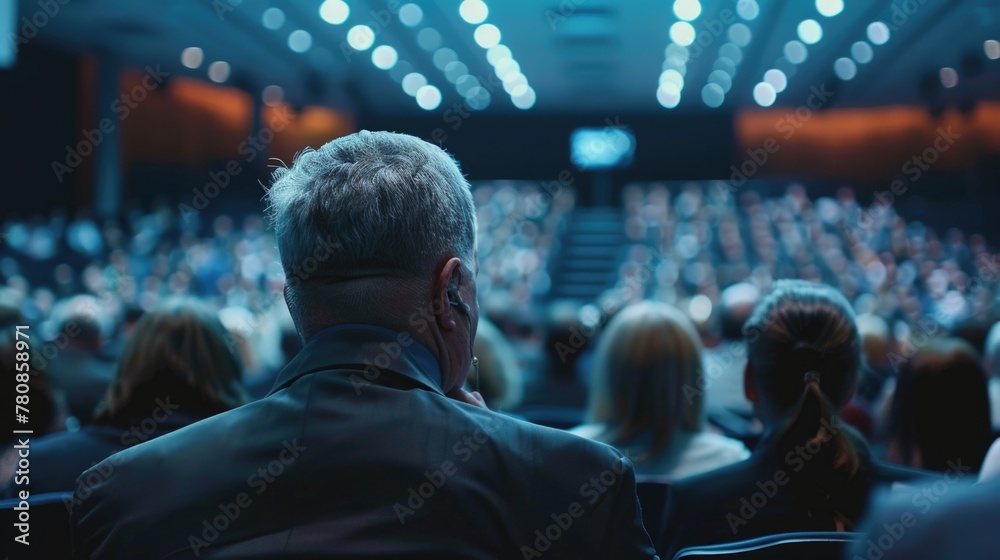 Poster a man sitting in front of a large group of people. ideal for business presentations or public speaki