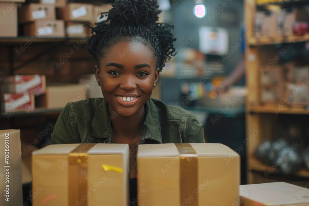 Aufkleber a woman smiling behind a stack of boxes. suitable for business and storage concepts