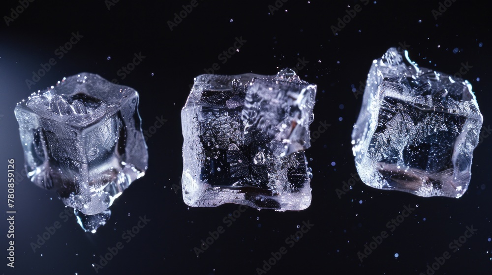 Poster a group of ice cubes on a black surface, perfect for various design projects