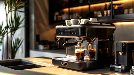 A coffee machine pours coffee into a cup in the morning. A beautiful coffee machine brews and pours...
